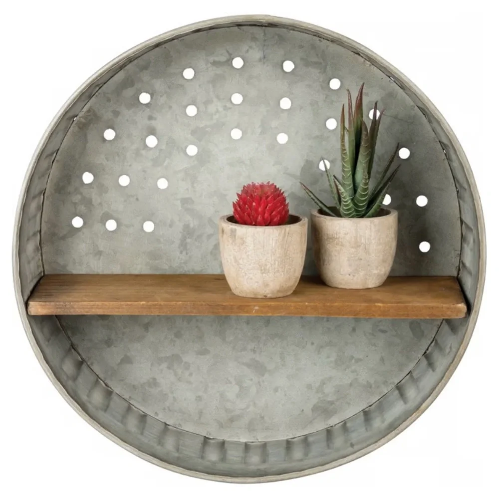 KATHY Farmhouse Rustic Round Gray Metal Wall Wooden Shelf Country Core #0725259
